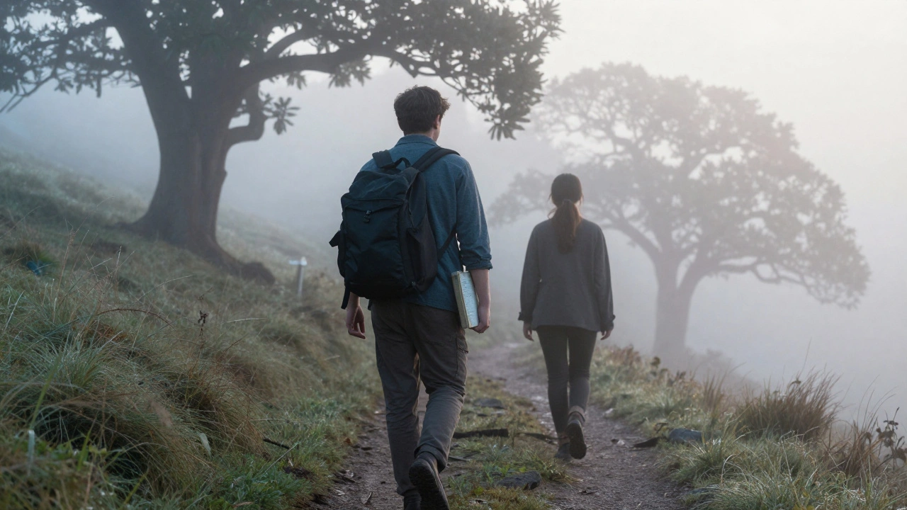 Два человека идут по горной тропе на рассвете, молча, с книгами, в тумане.