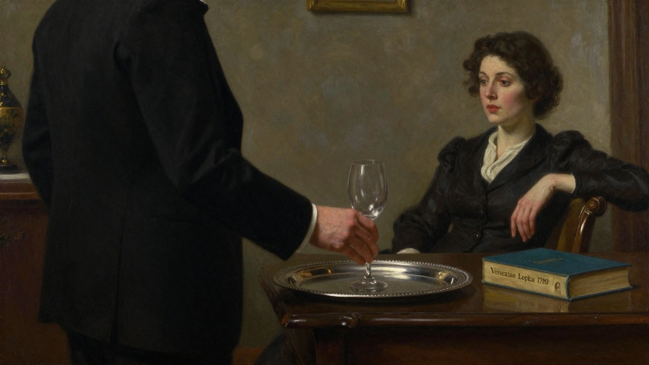 Джентльмен осторожно ставит бокал на поднос, в комнате — атмосфера сдержанного разговора.