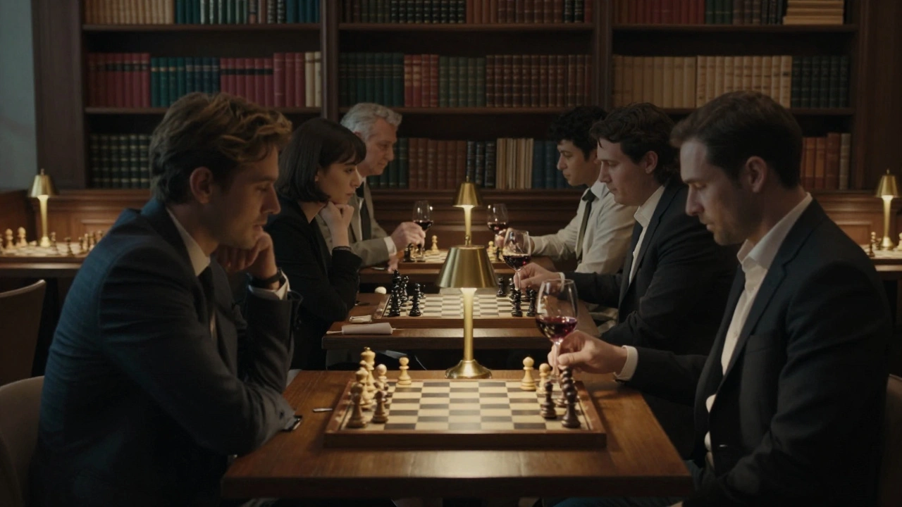 Люди в уютном закрытом клубе ведут тихие, осмысленные разговоры без телефонов.