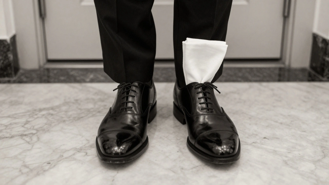 Полированные ботинки и белый носовой платок — следы уходящего джентльмена, никого не видно.