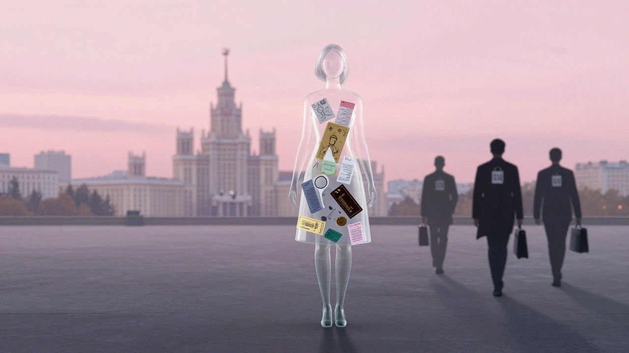 Прозрачная фигура женщины в московском пейзаже, внутри — фрагменты её жизни: детский рисунок, квитанция, ключ от отеля.