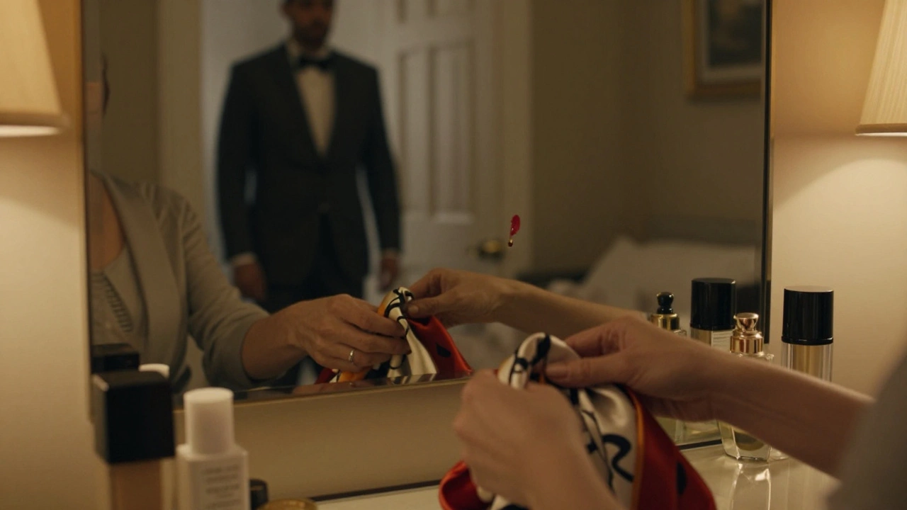 Руки женщины складывают косметику на туалетном столике, в зеркале — едва заметная слеза, за дверью уходит мужчина.