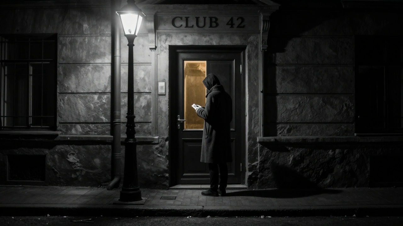 Таинственная дверь в закрытый клуб ночью, один человек у подсветки, тень и золотой отсвет — атмосфера исключительности.